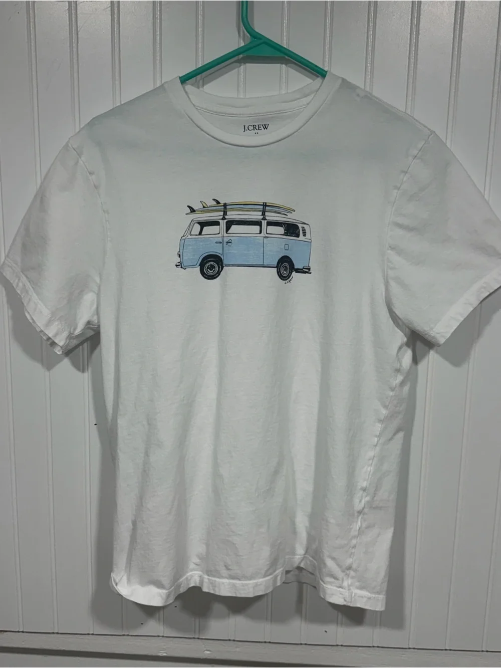 J. Crew Men’s White Short-Sleeve Tee with Light Blue Surf Van Graphic